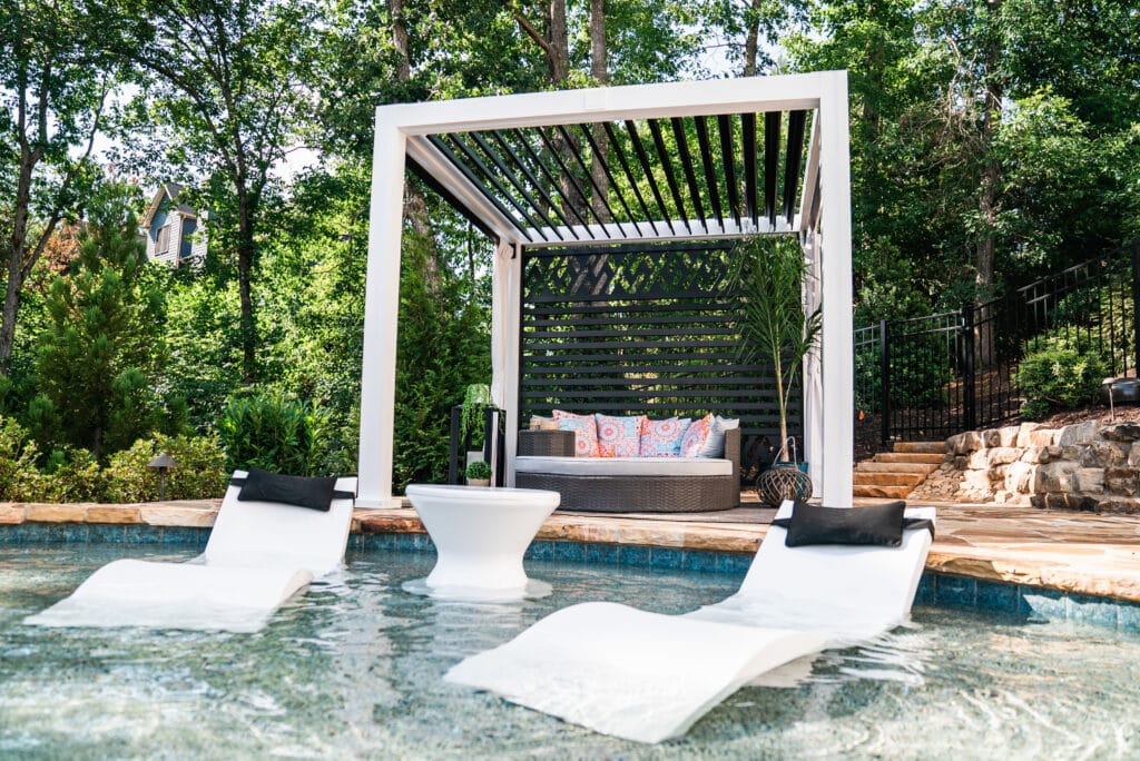 Backyard white louvers roof pool side