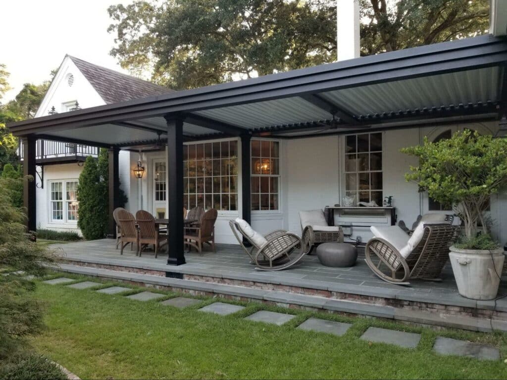 photo of a StruXure NorCal luxurious pergola that provides shelter and shade to a patio on the back of a home in Alamo.