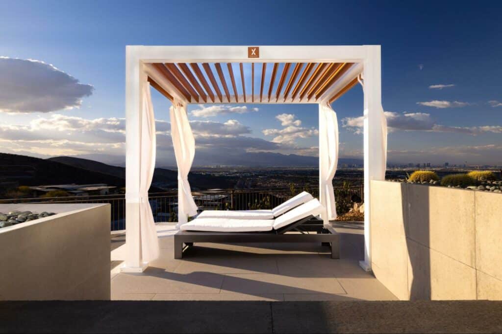 photo of a StuXure NorCal outdoor privacy cabana with lounge chairs with a beautiful California vista in the background in Alamo photo.