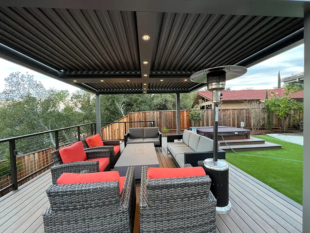 Photo of a StruXure pergola providing cover for an outdoor living room.