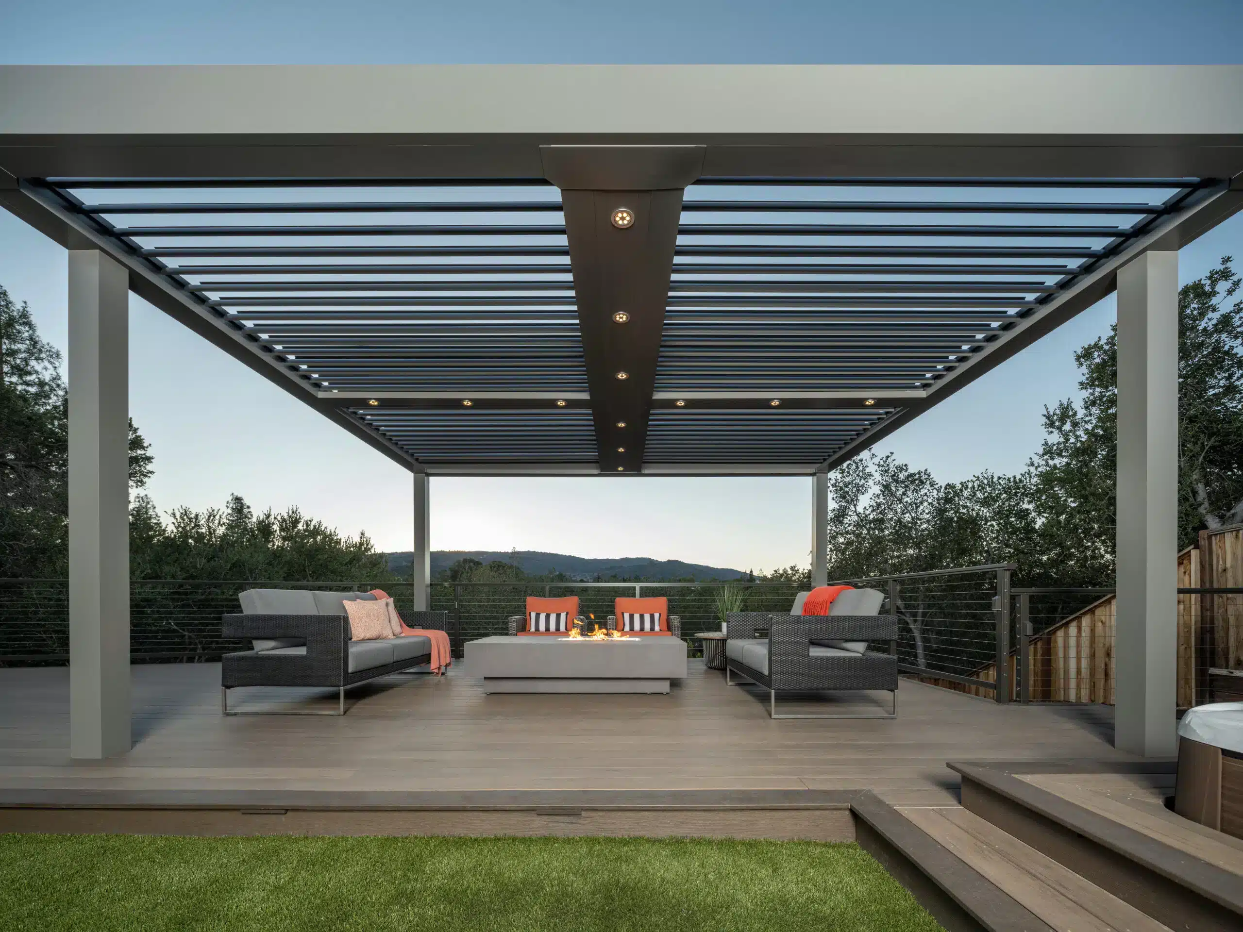 smart-patio-cover-with-fire-pit-scaled Pergola with a deck - pergola height - deck pergola ideas - motorized louvered pergola